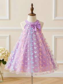 Glamorique Kids Toddler Girls' Elegant Cute Butterfly Mesh Halter Neck Sleeveless A-Line Casual Dress, Suitable For Holiday Party, Birthday Gift, Vacation, Spring/Summer Lavender Dress For Kids Flower Girl Dress Girls Elegant Floral Dress Butterfly Princess Dress For Girls Purple - Purple - View 10