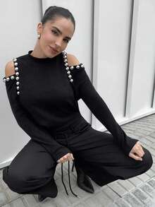 Marta Soriano 女士时尚通勤珍珠装饰露肩T恤 - 黑色 - 查看 1