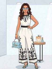 SHEIN Clasi Bộ jumpsuit nữ không tay, cổ tròn, xoắn phía trước, in họa tiết toàn thân, thích hợp cho phong cách thường ngày và đi nghỉ mát. - Nhiều màu - Xem 6