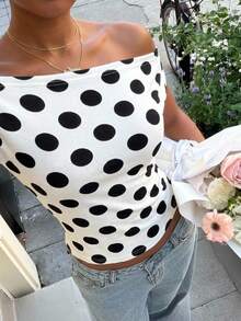 SHEIN EZwear 白色底波点女士露肩紧身T恤 - 黑與白 - 查看 9