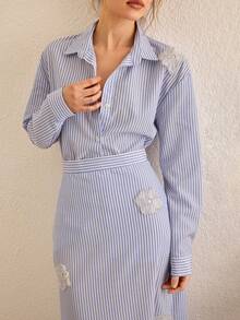 CasuGlow Women's Striped Single-Breasted Long Sleeve Top And Floral Decor A-Line Skirt Suit, Fashionable For Commuting And Outings - Blue and White - View 1