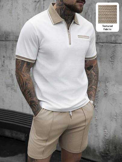 Manfinity CasualCool Men's Short Sleeve Polo Shirt Set, Suitable For Home, Outings And Gatherings