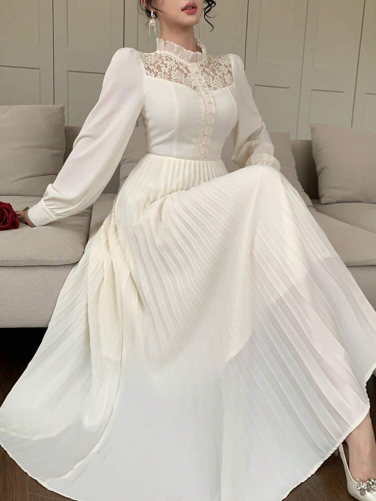Women's Elegant Contrast Color Lace Patchwork Waist Dress, Spring/Summer Sun Dresses For Women