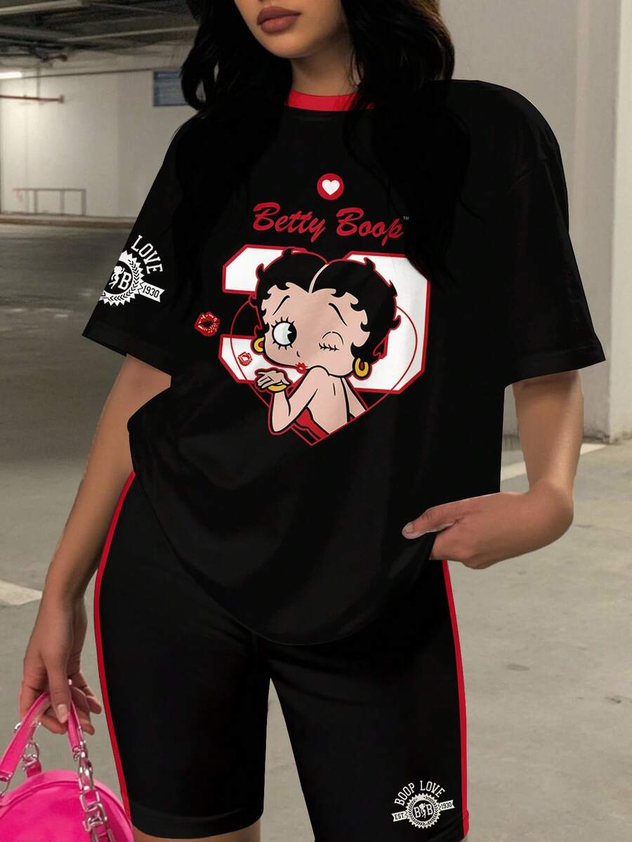 Slaydiva Betty Boop x SHEIN 大码女式圆领卡通字母印花短袖上衣和短裤休闲日常两件套 - 彩色 - 查看 1