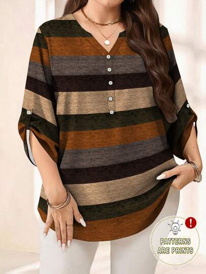 EMERY ROSE Plus Size Women Vintage Striped Print V-Neck 3/4 Sleeve Loose Blouse, Spring/Summer