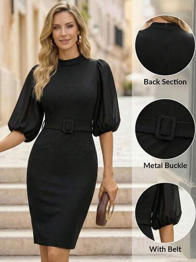 Editum 女士常规版型柔软黑色高领灯笼袖收腰针织铅笔裙