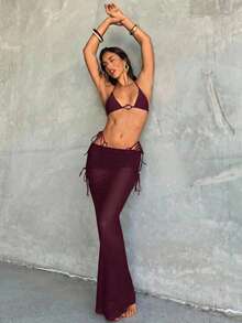 Aloruh 女士三件套比基尼套装，性感优雅复古浪漫咖啡色迷你三角杯吊带上衣、迷你丁字裤和超长纱笼裙，适合度假、海滩、比基尼穿着。 - 酒紅色 - 查看 5