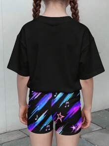 SHEIN 返校季，卡通女孩肖像，活力渐变色，少女休闲简约短袖T恤和短裤两件套，适合夏季穿着。 - 彩色 - 查看 2