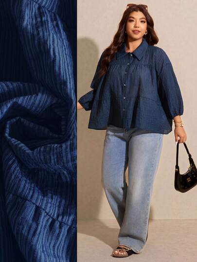 Elaquor Plus Size Spring/Summer Casual Minimalist All-Match Versatile Navy Blue Striped Layered Ruffle Trim Women Shirt Plus Size Button Down Shirt Plus Size Casual Tops Plus Size Women Clothes Blouse Curve Blouses For Women Spring/Summer Casual Vacation Holiday Shirt Women Graduation Shirt For Women Party Shirt For Women Shirt Wedding Guest Shirt For Women
