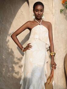 Vesra Women's Elegant Summer Vacation Floral Print Halter Neck Ruffle Hem Dress - Multicolor - View 3