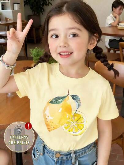 Camiseta de manga corta con estampado de limón, uso casual para niñas, cómoda para usar a diario en primavera, verano y otoño