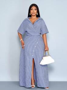 SOLERSUN Đầm sơ mi nữ cỡ lớn in sọc, cài cúc phía trước, vạt bất đối xứng, tay áo cánh dơi, tay ngắn, xẻ tà, dáng chữ A, dài, kiểu áo quấn, thanh lịch, thích hợp mặc đi làm hàng ngày, phong cách riêng, thường ngày, dễ mặc và cởi, thích hợp cho ngày Valentine, đơn giản, thanh lịch, thời trang nữ. - Xanh đậm - Xem 4