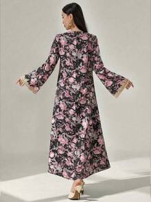 Al Najma Vestido de manga larga con estampado floral, patchwork de ganchillo, vestido elegante y modesto de línea A tipo kaftan y jalabiya, para fiesta de noche/invitada de boda/aniversario/uso diario - Negro - Ver 2