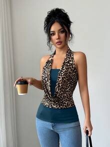 SHEIN Elenzya 2025新款性感露背细肩带针织T恤，裹胸设计，饰有金属环，适合20-35岁以上女性休闲、度假、约会、派对、情人节等场合穿着。 - 水鴨藍 - 查看 4