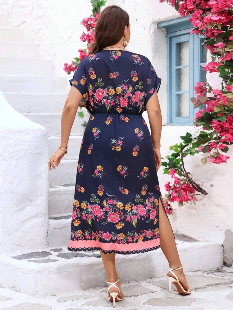 Plus Size Women's Summer Casual Vacation Country Elegant Floral Print Batwing Sleeve Tie Front Split Hem Vacation Dress,Summer Vacation,Casual Holiday Style,Summer Outfits For Women ,Vacation Outfits Women ,Holiday Outfits For Women,Going Out Outfits,New Clothes,Simple And Fashionable For Everyday Wear,Suitable For Summer, Vacation, Daily Wear, Festival Outfits For Women,Country Concert Outfit,Beach Outfits For Women,Western Style,Flowy Dress,Gifts For Mother,Boho Dress