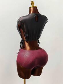 Mistrie Basic Fashion Casual Punk Round Neck Back Opening Pullover Top With Sequin 3D Embroidered Slogan Letters. Daily Outing, Party, Fashionable Street Style, Party Holiday Date Outfit. - Black - View 2