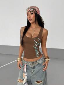 StreetHx Women's Black Versatile Commuter U-Neck Silver English Letter Print Streetwear Fitted Sexy School Back To School Camisole Tank Top, Spring/Summer - Brown - View 5