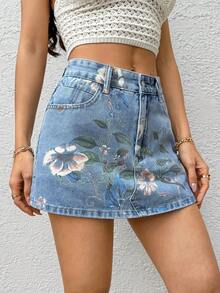 SHEIN ICON 女款花卉圖案口袋休閒寬鬆牛仔裙褲 - 淺色水洗藍 - 查看 4