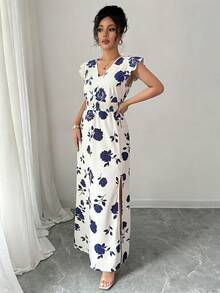 Rafferiza 女士碎花束腰开衩连衣裙 - 杏色 - 查看 3