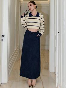 Bris Aura Women's Solid Color Long Elegant Commuting A-Line Skirt With Pockets - Navy Blue - View 1