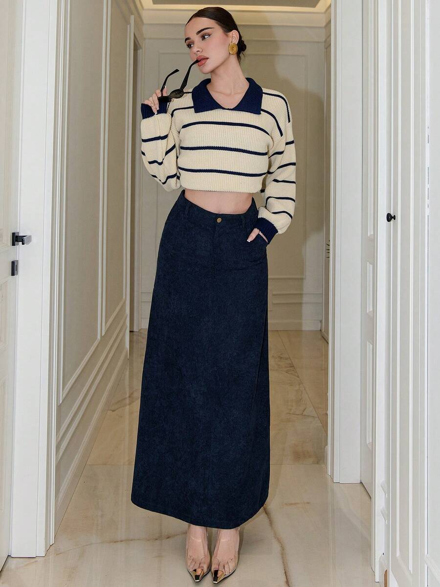 Bris Aura Women's Solid Color Long Elegant Commuting A-Line Skirt With Pockets - Navy Blue - View 1