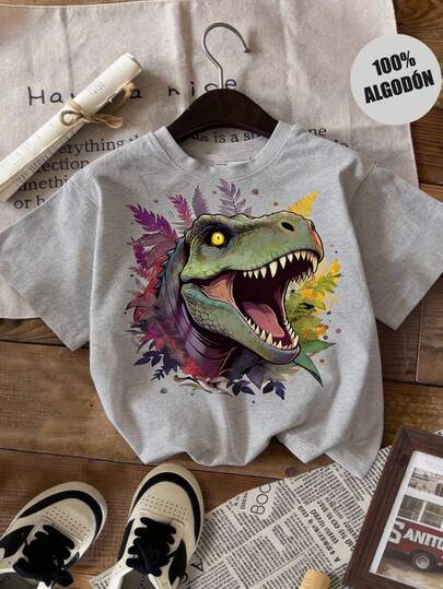 Playera niño dinosaurio camiseta de manga corta para niño pequeño, con parte superior estampada con dinosaurio de dibujos animados, estilo de moda respirable de verano. Ideal para uso diario, urbano, playera de algodón top de niño