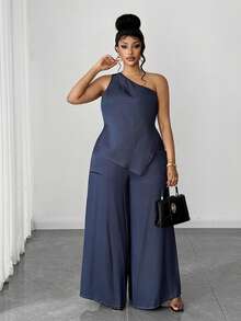 Maweii Setelan 2 Potong Efek Denim Asimetris Bahu Seksi Ukuran Plus - Navy Blue - View 3