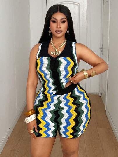 Maweii Plus Size Women's Sweater Set,Multicolored, Sleeveless Top + Shorts, Lapels, Buttons, Irregular Patterns, Deep V-Neck, Vacation, Seaside, Sexy And Slimming, Elegant, Hot Girl, Women's Outings, Women's Knitted Suits, Women's Clothing, Summer, Spring, Swimwear, Thin Swimwear, Knitted Swimwear