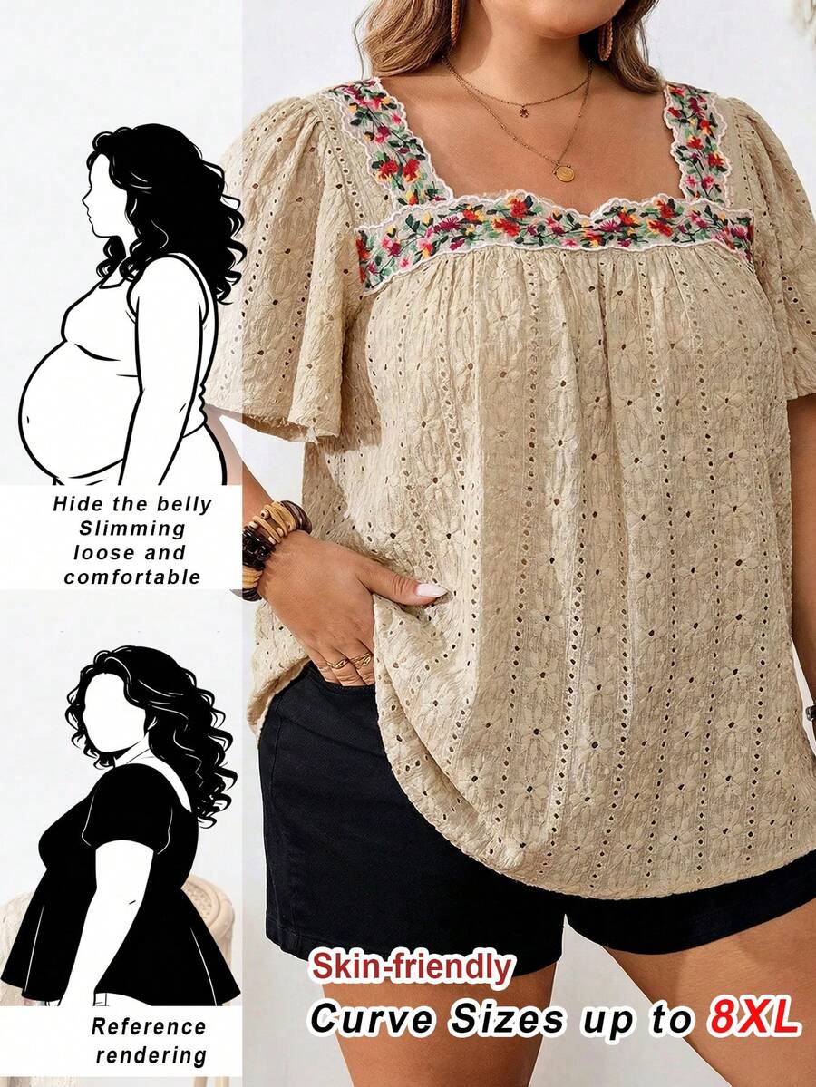 SHEIN CURVE+ Plus Size Square Neckline, Minimalist And Fashionable, Suitable For Summer Beach For Woman/Beach /Beach Vacation/Beach Essentials / Graduation/Tea Party Summer/Country/Beach Vacation/Beach/Beach Wear, Going Out Top - Khaki - View 1