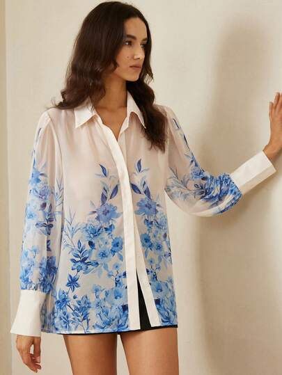 Aveloria Rosie Áo kiểu nữ thanh lịch, tối giản, đa năng, phong cách vintage sang trọng, nhẹ nhàng, chất liệu chiffon, in họa tiết lãng mạn, khóa kim loại trang trí, tay dài.