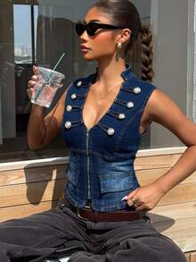 Muchica Áo gile ngắn denim nữ, hàng mới về, áo khoác không tay ôm dáng đa năng có cúc, màu trơn. - Rửa tối - Xem 6