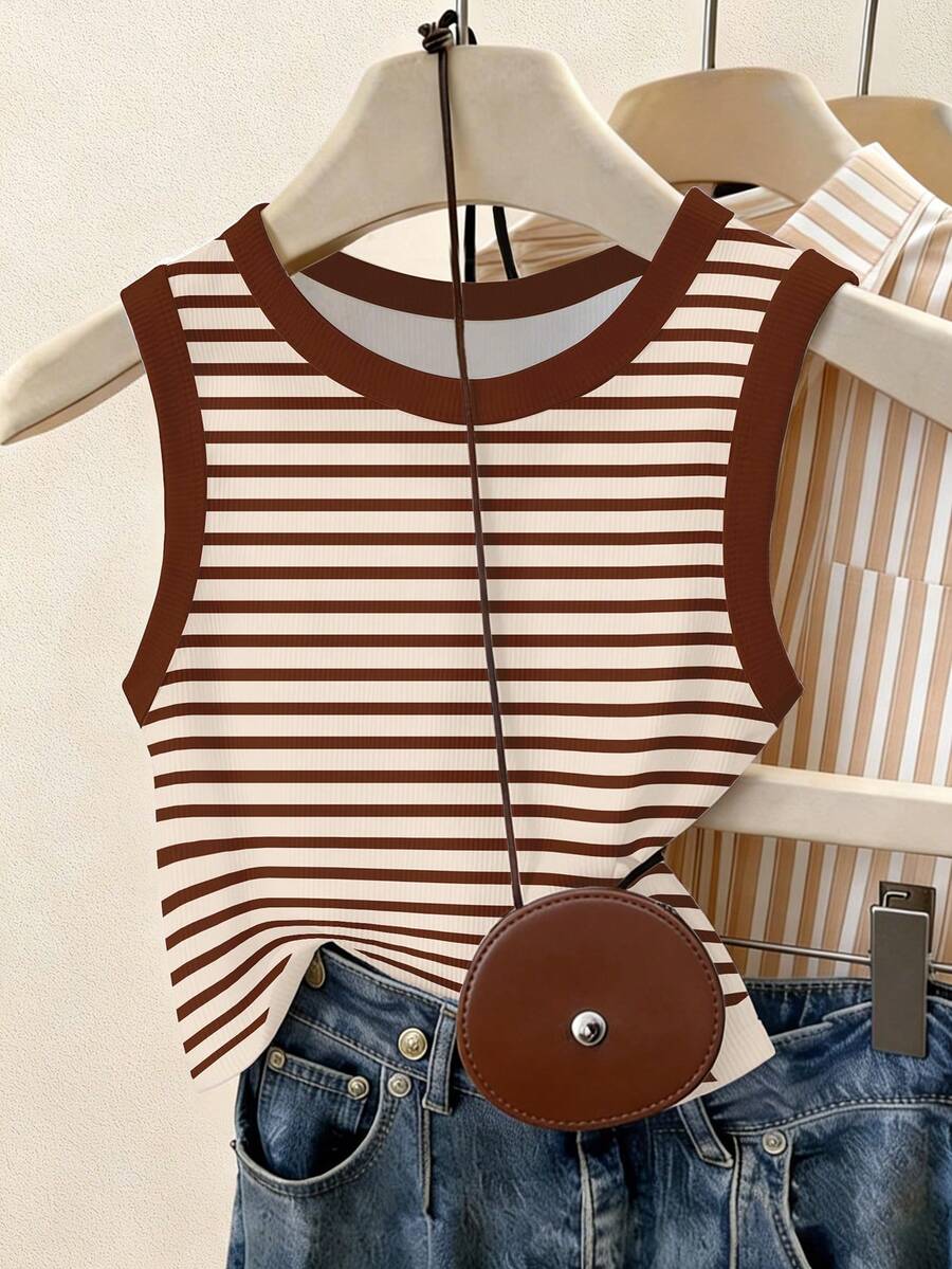Resyla Coffee Color Striped Print Contrast Color Tank Top For Women - Multicolor - View 1