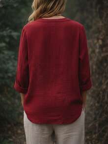 SHEIN Holidaya Women's Casual Versatile Solid Color Notch Collar Blouse - Burgundy - View 2