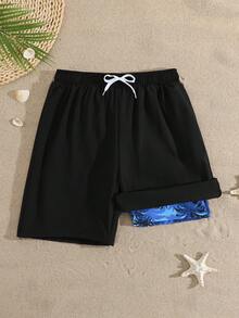 SHEIN 青少年男童泳装，随机印花春夏男童泳衣和沙滩裤，新品上市，内衬泳衣面料，适合游泳和冲浪 - 黑色 - 查看 4