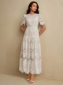 Anewsta Abito casual da donna con maniche corte, vita stretta e pizzo bruciato, adatto per le vacanze - Beige - Visualizzare 1