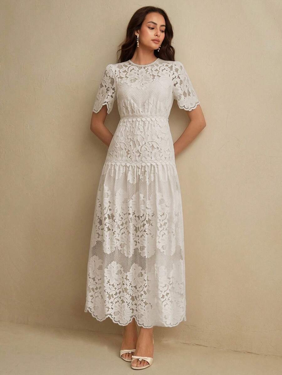 Anewsta Abito casual da donna con maniche corte, vita stretta e pizzo bruciato, adatto per le vacanze - Beige - Visualizzare 1