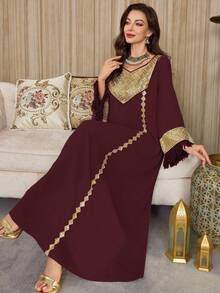 Al Najma Đầm nữ thanh lịch, sang trọng, cổ điển, đính sequin, thêu, họa tiết hoa, phối màu trơn, có tua rua. - Màu Đỏ Sâu - Xem 7