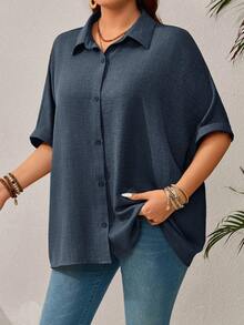 EMERY ROSE Plus Size Women's Solid Color Batwing Sleeve Loose Single-Breasted Casual Shirt,Vacation Outfits Woman,Summer Clothes Fall - Navy Blue - View 4