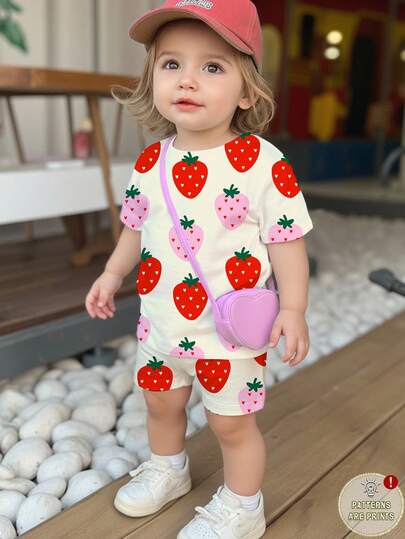SHEIN 2件套女婴休闲甜美夏季草莓水果印花圆领短袖T恤和打底裤套装，适合春夏日常穿着、度假、外出，Y2K风格，可爱