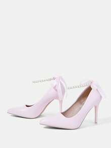 CUCCOO HITCHD Women's Spring/Summer New Fashion Versatile Cute Bow Pearl Chain Beaded Minimalist Elegant Pointed Toe Shoes, Romantic Powder Pink PU Leather Slip-On Low Vamp High Heel Pumps, Suitable For Wedding, Party, Date, All Seasons - Pink - View 10