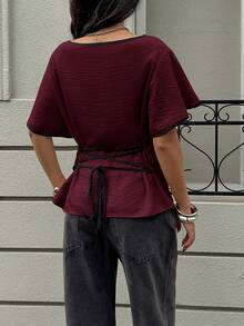 Siren Gaze Women's Round Neck Ruffle Trim Casual Versatile Daily Wear Shirt - Burgundy - View 2