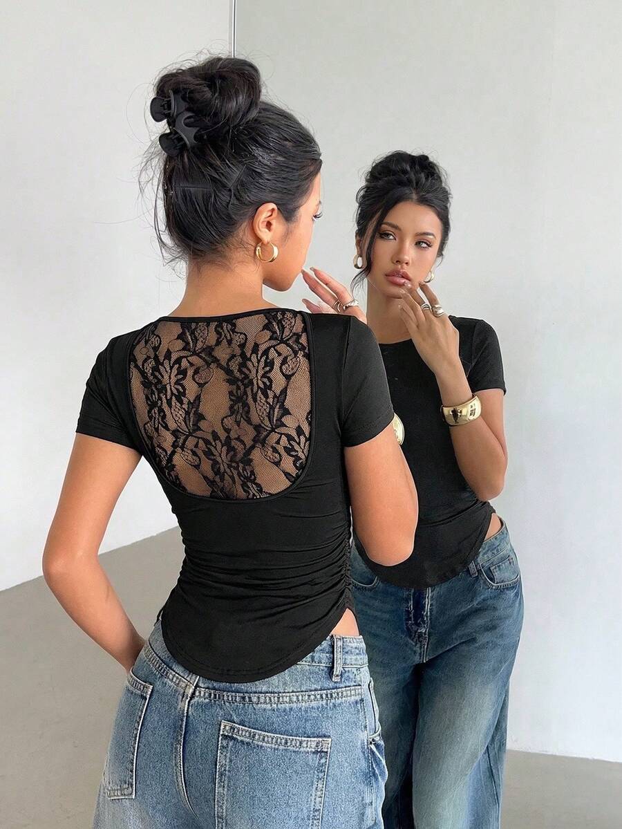 Siren Gaze 女士短袖圆领纯色蕾丝拼接修身露脐T恤 U领露背修身短袖露肩性感黑色蕾丝衬衫蕾丝薄纱衬衫短袖上衣波西米亚风女装黑色蕾丝衬衫Y2K风格女装校服休闲外套 - 黑色 - 查看 1