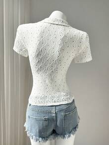 Women's Casual Commuter Shirt, Waist Cinched, Textured Knit Fabric, Polka Dot Wide Leg Jeans Eyelet Blouse Button Up Blouse Eyelet Top Button Up Top - Apricot - View 2
