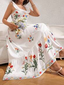 Franclia Đầm hai dây in hoa trắng, trang phục đi nghỉ mát cho nữ, đầm ôm dáng thướt tha từ xuân hè, đầm hè nữ, đầm chống nắng nữ, đầm hoa dại, đầm nữ, quần áo nữ. - trắng - Xem 5
