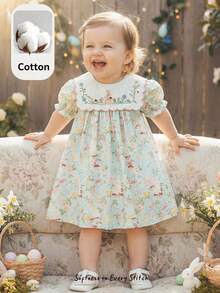 Cozy Pixies 女婴碎花圆领无袖收腰连衣裙，百搭舒适 - 霧霾藍 - 查看 3