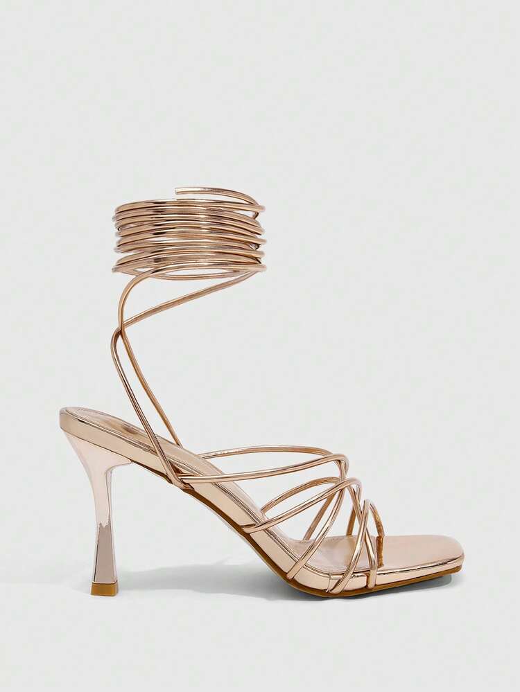 CUCCOO SZL Women's Champagne Color Square Toe Strappy High Heel Sandals, Sexy Fashion Party Dress Heels For Summer Prom Heels