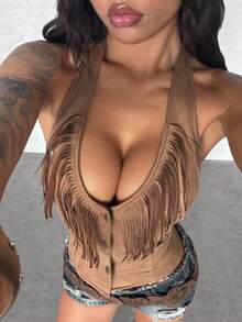 StreetHx 夏季街头风女式无袖流苏装饰背心 - 棕色 - 查看 4