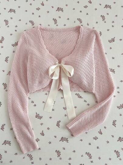 Elamini Women's Light Pink Cute Cardigan, Sexy Tie Front Casual Daily Commute Sun Protection Top, Elegant Vacation Stylish Sweater, Spring Summer