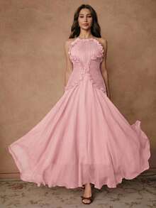 Anewsta Elegant Neck-Tie Waist Pleated Ruffle Hem High-End Mini Dress - Pink - View 4