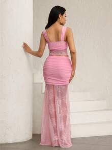 Modelyn 2pcs/Set Fashionable Elegant Rose Pink Lace Sexy Crop Top And Skirt Set, Spring/Summer Sexy Skirt Set Pink Skirt Set Skirt Two Piece Set Pink Two Piece - Pink - View 3